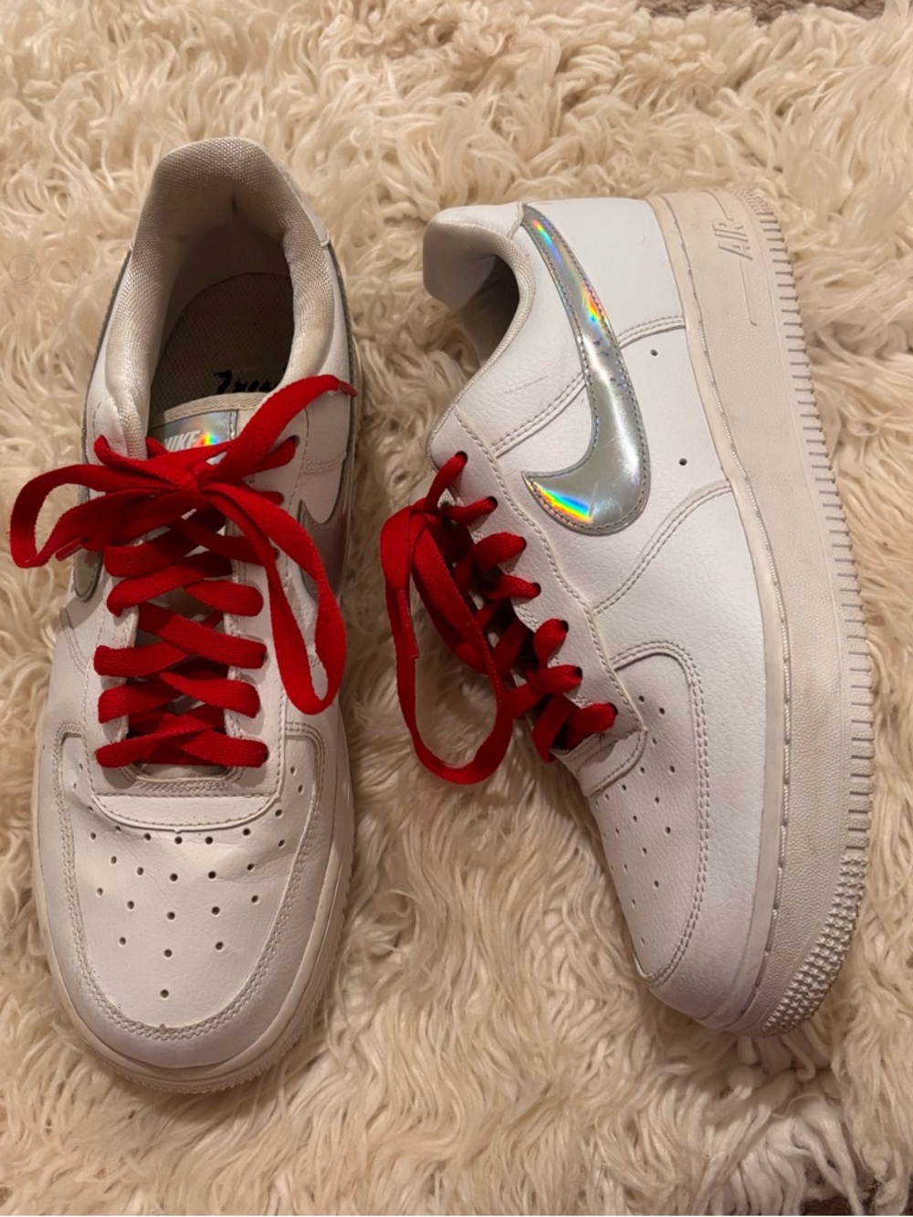 Nike White Sneakers with Holographic Tongue and Red Laces